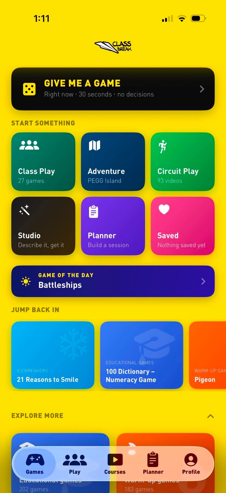 ClassBreak iOS app home screen
