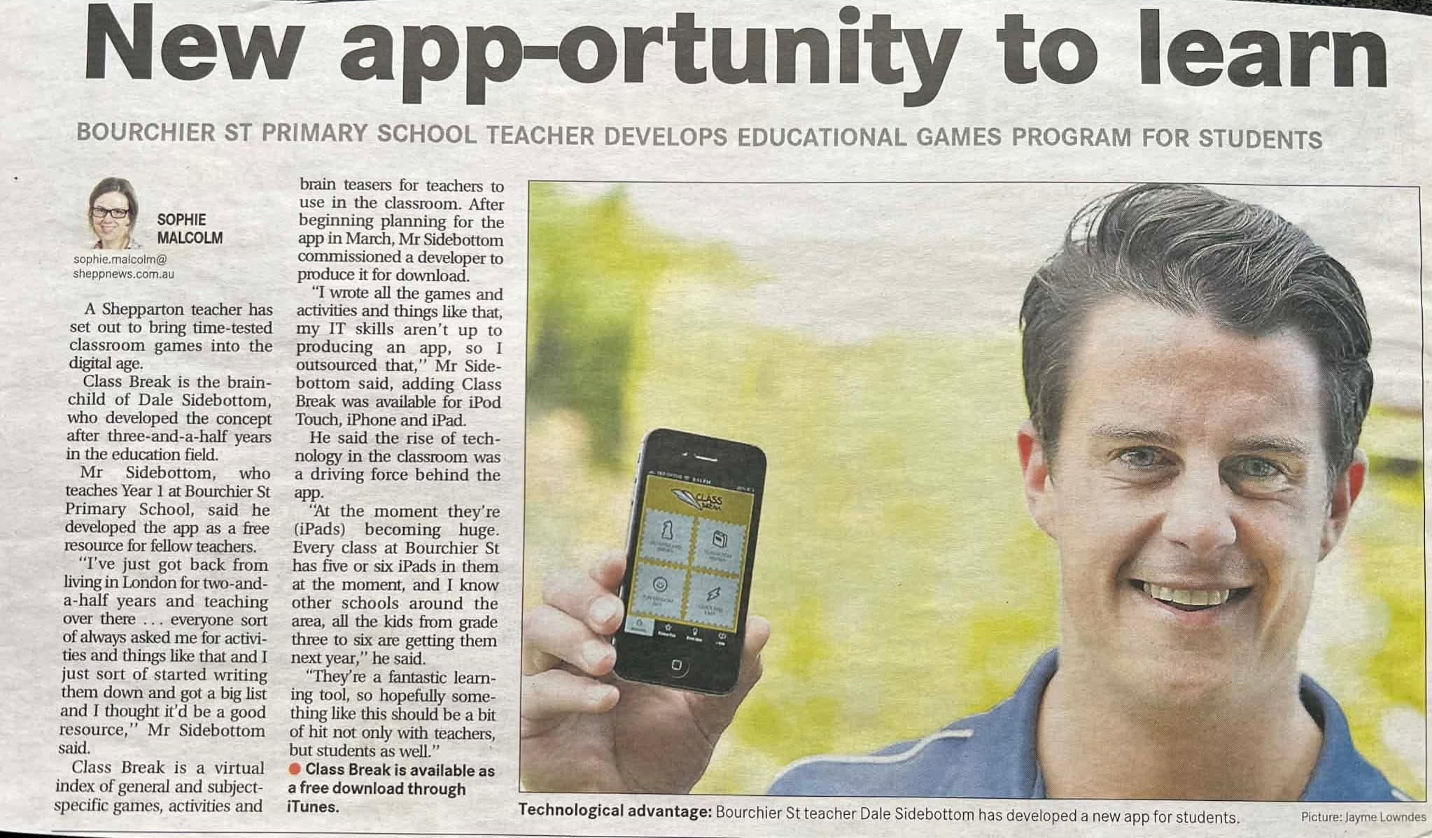Shepparton News, New app-ortunity to learn, Dale Sidebottom launches ClassBreak
